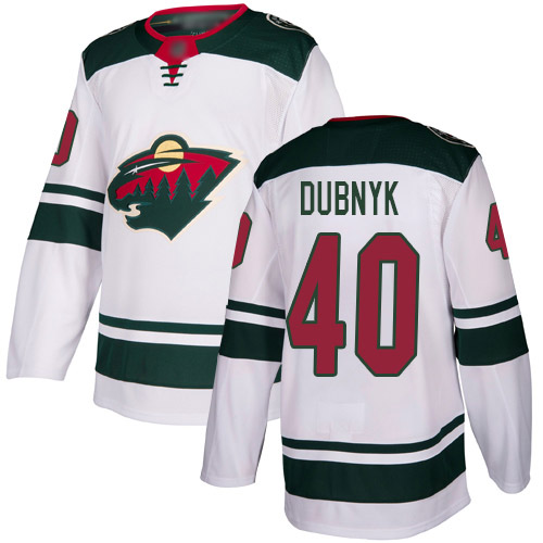 Men's Devan Dubnyk Authentic White Away Jersey: Hockey #40 Minnesota Wild