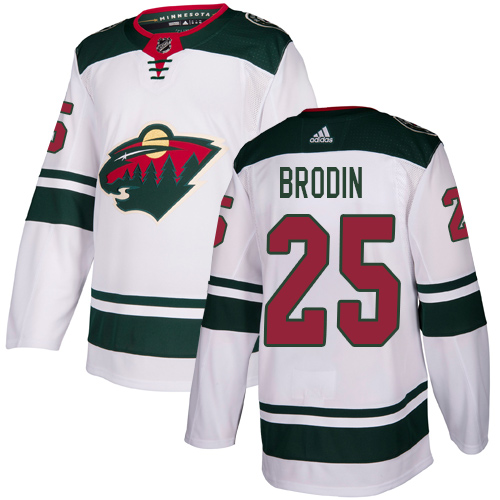 Men's Jonas Brodin Authentic White Away Jersey: Hockey #25 Minnesota Wild