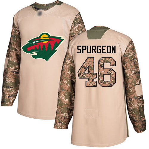 Youth Jared Spurgeon Authentic Camo Jersey: Hockey #46 Minnesota Wild Veterans Day Practice