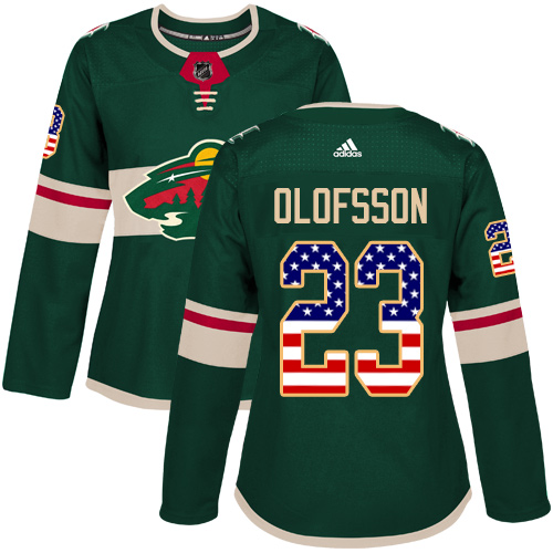 Adidas Women's Gustav Olofsson Authentic Green Jersey: NHL #23 Minnesota Wild USA Flag Fashion