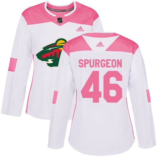 Women's Jared Spurgeon Authentic White/Pink Jersey: Hockey #46 Minnesota Wild Fashion